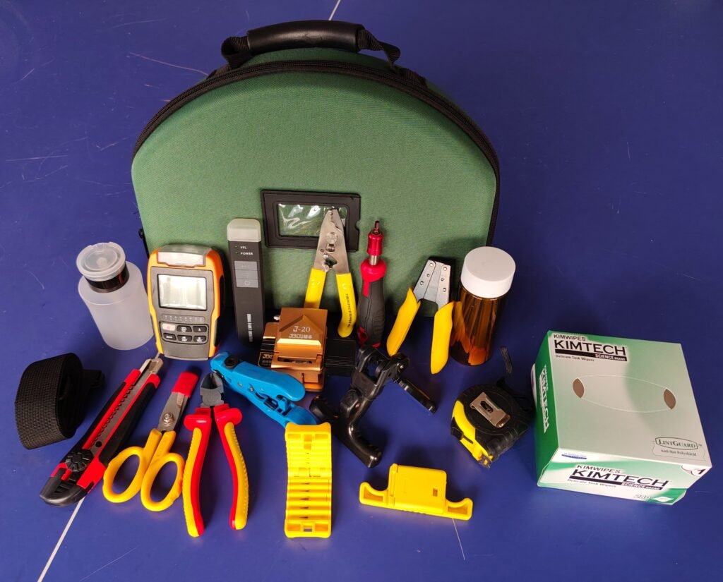 FTTH drop installation tool kit with fiber cleaver, optical power meter, visual fault locator, strippers, Kevlar scissors and cleaning wipes
