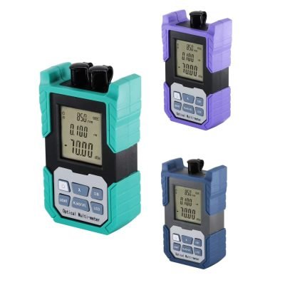 Optical power meter and VFL multi-meter with lithium battery, in teal, purple and blue
