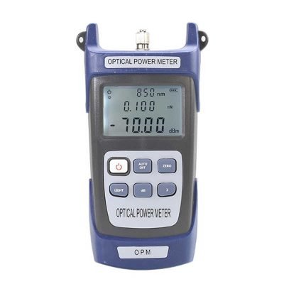 K-527 optical power meter with blue protective boot on white background